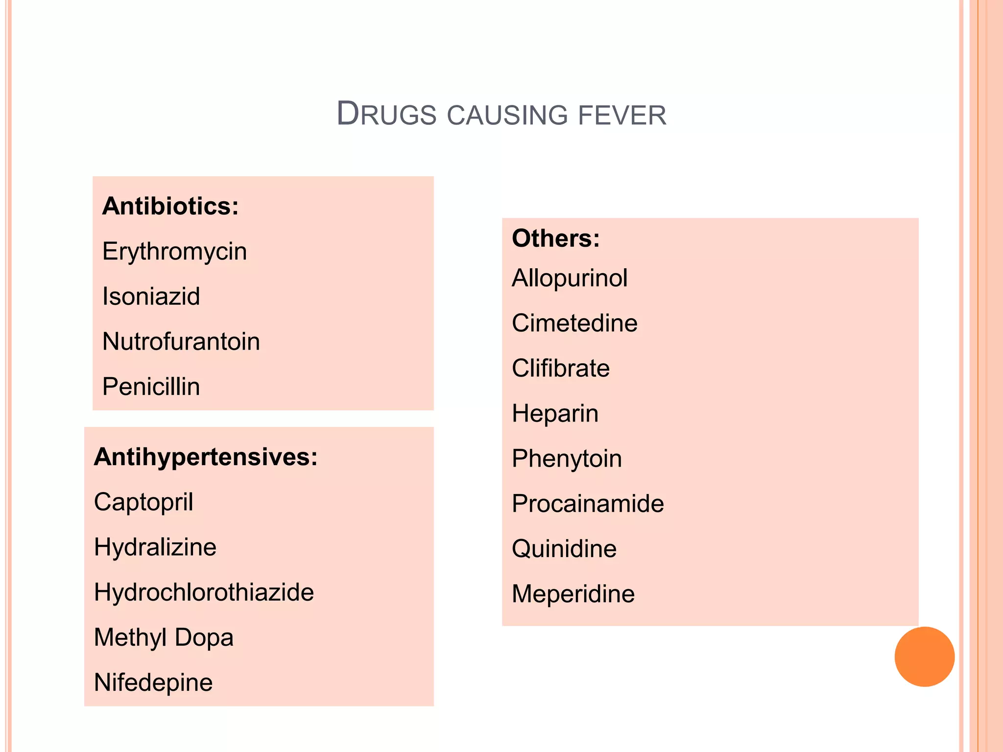 Antibiotics:
Erythromycin
Isoniazid
Nutrofurantoin
Penicillin
Antihypertensives:
Captopril
Hydralizine
Hydrochlorothiazide
Methyl Dopa
Nifedepine
DRUGS CAUSING FEVER
Others:
Allopurinol
Cimetedine
Clifibrate
Heparin
Phenytoin
Procainamide
Quinidine
Meperidine
 
