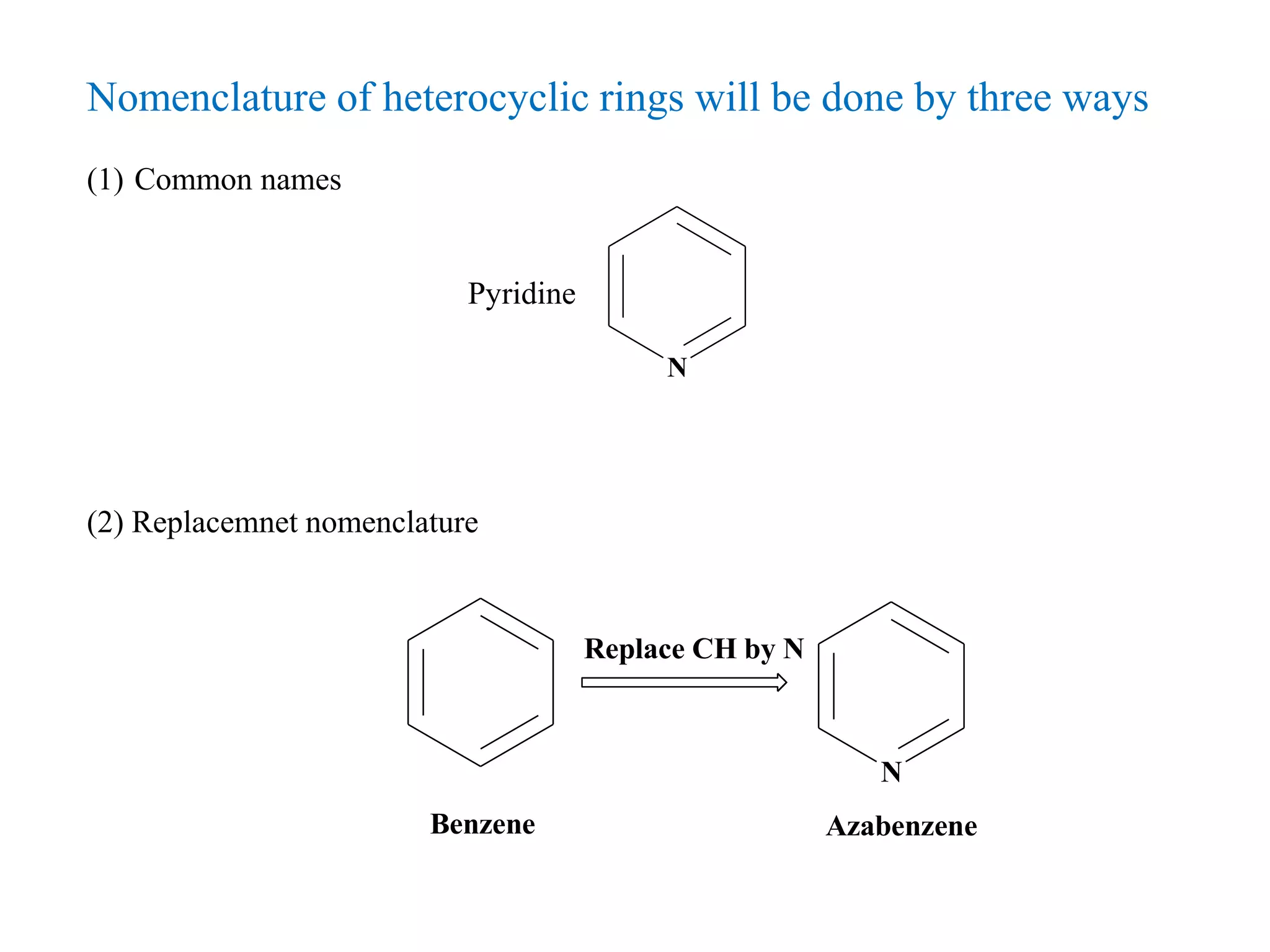 Nomenclature of heterocyclic rings will be done by three ways
(1) Common names
Pyridine
(2) Replacemnet nomenclature
N
Benzene Azabenzene
Replace CH by N
N
 