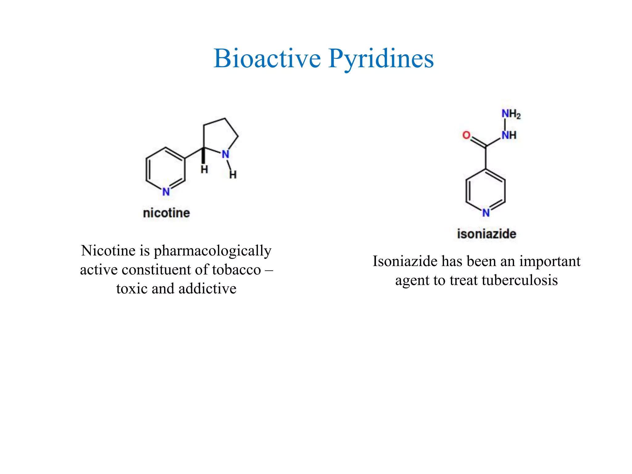 Nicotine is pharmacologically
active constituent of tobacco –
toxic and addictive
Isoniazide has been an important
agent to treat tuberculosis
Bioactive Pyridines
 