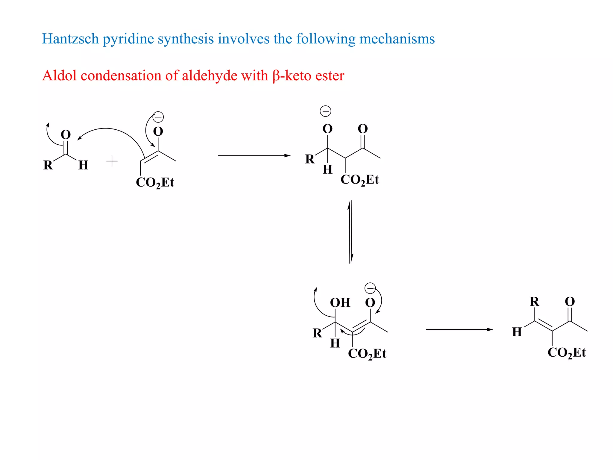 Hantzsch pyridine synthesis involves the following mechanisms
Aldol condensation of aldehyde with β-keto ester
R
O
H
O
CO2Et CO2Et
O
R
O
H
CO2Et
O
R
OH
H
CO2Et
OR
H
 