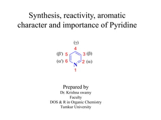 Synthesis, reactivity, aromatic
character and importance of Pyridine
N



1
2
3
4
5
6'
'
Prepared by
Dr. Krishna swamy
Faculty
DOS & R in Organic Chemistry
Tumkur University
 