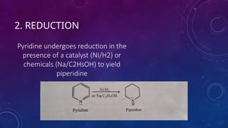 2. REDUCTION
Pyridine undergoes reduction in the
presence of a catalyst (NI/H2) or
chemicals (Na/C2HsOH) to yield
piperidine
 