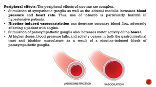 Peripheral effects: The peripheral effects of nicotine are complex.
• Stimulation of sympathetic ganglia as well as the adrenal medulla increases blood
pressure and heart rate. Thus, use of tobacco is particularly harmful in
hypertensive patients.
• Nicotine-induced vasoconstriction can decrease coronary blood flow, adversely
affecting a patient with angina.
• Stimulation of parasympathetic ganglia also increases motor activity of the bowel.
• At higher doses, blood pressure falls, and activity ceases in both the gastrointestinal
tract and bladder musculature as a result of a nicotine-induced block of
parasympathetic ganglia.
 