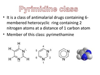 • It is a class of antimalarial drugs containing 6-
membered heterocyclic ring containing 2
nitrogen atoms at a distance of 1 carbon atom
• Member of this class: pyrimethamine
 