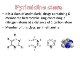 • It is a class of antimalarial drugs containing 6-
membered heterocyclic ring containing 2
nitrogen atoms at a distance of 1 carbon atom
• Member of this class: pyrimethamine
 