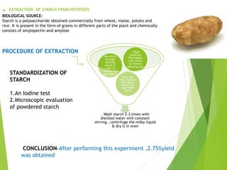 . EXTRACTION OF STARCH FROM POTATOES
BIOLOGICAL SOURCE-
Starch is a polysaccharide obtained commercially from wheat, maize, potato and
rice. It is present in the form of grains in different parts of the plant and chemically
consists of amylopectin and amylose
PROCEDURE OF EXTRACTION
. Wash starch 2-3 times with
distilled water with constant
stirring , centrifuge the milky liquid
& dry it in oven
Allow the
milky liquid to
settle down.
Decant the
supernatant
liquid
the slurry
through
shaking
sieves in
order to
remove the
cell debris
. Wash
potatoes
thoroughly
with water
to remove
adhering soil
STANDARDIZATION OF
STARCH
1.An Iodine test
2.Microscopic evaluation
of powdered starch
CONCLUSION-After performing this experiment ,2.75%yield
was obtained
 