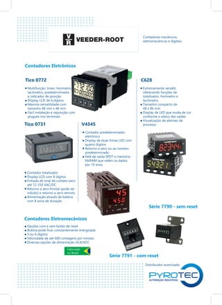 Distribuidor autorizado
Contadores Eletrônicos
Contadores Eletromecânicos
Contadores mecânicos,
eletromecânicos e digitais.
Tico 0772
Multifunção: timer, horímetro,
tacômetro, predeterminador
e indicador de posição
Display LCD de 6 dígitos
Máxima versatilidade com
tamanho 48 mm x 48 mm
Fácil instalação e reposição com
plugues nos terminais
C628
Extremamente versátil,
oferecendo funções de
totalizador, horímetro e
tacômetro
Tamanho compacto de
48 x 96 mm
Display de LED que muda de cor
conforme o status das saídas
Visualização de alarmes de
processoV4545
Contador predeterminador
eletrônico
Display de duas linhas LED com
quatro dígitos
Retorno a zero ou ao número
predeterminado
Relé de saída SPDT e memória
NVRAM que retêm os dados
por 10 anos
Tico 0731
Contador totalizador
Display LCD com 8 dígitos
Entrada de sinal de contato seco
até 12-250 VAC/DC
Retorno a zero frontal (pode ser
inibido) e retorno a zero remoto
Alimentação através de bateria
com 8 anos de duração
Opções com e sem botão de reset
Bobina pode ficar constantemente energizada
5 ou 6 dígitos
Velocidade de até 600 contagens por minuto
Diversas opções de alimentação VCA/VCC
Fabricado
no Brasil
Série 7791 - com reset
Série 7790 - sem reset
 