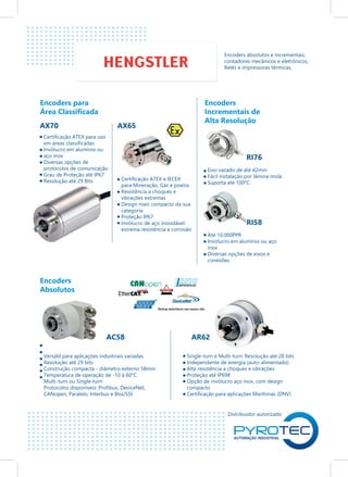 Distribuidor autorizado
Encoders para
Área Classificada
Encoders
Absolutos
Encoders absolutos e incrementais,
contadores mecânicos e eletrônicos,
Relés e impressoras térmicas.
AX70
Encoders
Incrementais de
Alta Resolução
Certificação ATEX para uso
em áreas classificadas
Invólucro em alumínio ou
aço inox
Diversas opções de
protocolos de comunicação
Grau de Proteção até IP67
Resolução até 29 Bits
AX65
RI76
RI58
AC58
Certificação ATEX e IECEX
para Mineração, Gás e poeira
Resistência a choques e
vibrações extremas
Design mais compacto da sua
categoria
Proteção IP67
Invólucro de aço inoxidável:
extrema resistência a corrosão
Eixo vazado de até 42mm
Fácil instalação por lâmina mola
Suporta até 100°C
Até 10.000PPR
Invólucro em alumínio ou aço
inox
Diversas opções de eixos e
conexões
Versátil para aplicações industriais variadas
Resolução até 29 bits
Construção compacta - diâmetro externo 58mm
Temperatura de operação de -10 à 60°C
Multi-turn ou Single-turn
Protocolos disponíveis: Profibus, DeviceNet,
CANopen, Paralelo, Interbus e Biss/SSI
Single-turn e Multi-turn: Resolução até 28 bits
Independente de energia (auto-alimentado)
Alta resistência a choques e vibrações
Proteção até IP69K
Opção de invólucro aço inox, com design
compacto
Certificação para aplicações Marítimas (DNV)
AR62
 