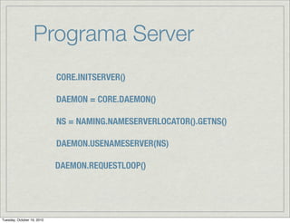 Programa Server
                            CORE.INITSERVER()

                            DAEMON = CORE.DAEMON()

                            NS = NAMING.NAMESERVERLOCATOR().GETNS()

                            DAEMON.USENAMESERVER(NS)

                            DAEMON.REQUESTLOOP()




Tuesday, October 19, 2010
 