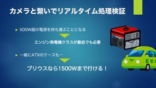 カメラと繋いでリアルタイム処理検証
 500W超の電源を持ち運ぶことになる
エンジン発電機クラスが最低でも必要
 一緒にATXのケースも…
プリウスなら1500Wまで行ける！
 