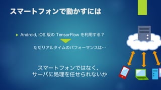 スマートフォンで動かすには
 Android, iOS 版の TensorFlow を利用する？
ただリアルタイムのパフォーマンスは…
スマートフォンではなく、
サーバに処理を任せられないか
 