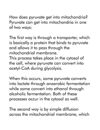 How does pyruvate get into mitochondria?
Pyruvate can get into mitochondria in one
of two ways:
The first way is through a transporter, which
is basically a protein that binds to pyruvate
and allows it to pass through the
mitochondrial membrane.
This process takes place in the cytosol of
the cell, where pyruvate can convert into
acetyl-CoA during glycolysis.
When this occurs, some pyruvate converts
into lactate through anaerobic fermentation
while some convert into ethanol through
alcoholic fermentation. Both of these
processes occur in the cytosol as well.
The second way is by simple diffusion
across the mitochondrial membrane, which
 