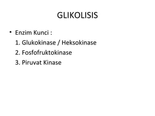 GLIKOLISIS
• Enzim Kunci :
  1. Glukokinase / Heksokinase
  2. Fosfofruktokinase
  3. Piruvat Kinase
 