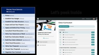PRICING YOUR SERVICES
M O D U L E S
1. Primer (20 min)
2. Establish Your Budget (3 hours)
3. Establish Your Rate Structure (2 hours)
4. Scope and Cost Your Projects (4 hours)
5. Apply and Defend Your Pricing (3 hours)
6. Consultant Panel Discussion (3 hours)
7. Write Your Statements of Work (launches Jun-1)
8. Build Your Estimation Models (launches Jun-1)
9. Build Your Sales Collateral (launches Jun-1)
10. Client Panel Discussion (2 hours)
11. Write Your Proposals (launches Aug-1)
12. Present Your Proposals (launches Aug-1)
13. Negotiate Your Contracts (launches Aug-1)
 