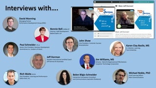 Bonnie Bell, SHRM-CP
Director, Staff Development
Ballard Spahr LLP
David Manning
Managing Partner
Performance Development Group (PDG)
Paul Schneider, Ph.D.
Senior Vice President, Business Development
dominKnow Inc. (makers of Claro)
Jeff Dorman
Gazelles International Certified Coach
Jeff Dorman & Associates
Belen Bilgic-Schneider
Interactive Courseware Consultant
and Communications Specialist (freelance)
Rich Waite, M.Ed.
Vice President, Learning and Performance
Delta Point, Inc.
John Shaw
Vice President, Customer Success
BravoSolution
Michael Noble, PhD
Chief Learning Officer
Allen Communications
Jim Williams, MS
Director, Talent & Organizational Effectiveness
Carpenter Technology Corporation
Karen Clay Basile, MS
Sr. Director, Learning
Tyco University
 