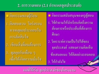 2. การวางแผน (2.1 กาหนดจุดประสงค์ )
 กิจกรรมของผูเ้ รี ยน        กิจกรรมสนับสนุนของครู ผสอนู้
1. คิดทบทวน ไตร่ ตรอง       1. ใช้คาถามให้นกเรี ยนคิดถึงความ
                                            ั
   หาเหตุผลประกอบใน            ต้องการหรื อประเด็นที่ตองการ
                                                      ้
                               ศึกษา
   การตัดสิ นใจ
                            2. วิเคราะห์ความเป็ นไปได้ของ
2. เขียนสิ่ งที่ตนต้องการ      จุดประสงค์ แสดงความคิดเห็น
3. พูดคุยกับเพื่อน ๆ          ข้อเสนอแนะ ให้คิดอย่างรอบคอบ
   เพื่อให้เกิดความมันใจ
                      ่     3. ให้กาลังใจ
            ผลทีได้ รับ จุดประสงค์ ของโครงงาน
                ่
 