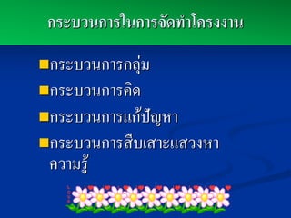 กระบวนการในการจัดทาโครงงาน
กระบวนการกลุ่ม
กระบวนการคิด
กระบวนการแก้ปัญหา
กระบวนการสื บเสาะแสวงหา
 ความรู ้
 