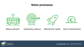 contact@pysae.com / +33 9 67 70 66 31
Réseau attractif Exploitation efficace Déploiement rapide Sans investissement
Notre promesse
 