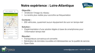 contact@pysae.com / +33 9 67 70 66 31
Notre expérience : Loire-Atlantique
Objectifs :
• Améliorer l’image du réseau
• Le rendre plus visible pour accroître sa fréquentation
Contexte :
• 200 véhicules, quasiment aucun équipement de suivi en temps-réel
Solution :
• Expérimentation d’une solution légère à base de smartphones pour
l’information temps-réel
Résultat :
• Transporteurs convaincus et convertis
• Génération de données nouvelles et intéressantes sur la qualité de service
• Open-Data
 