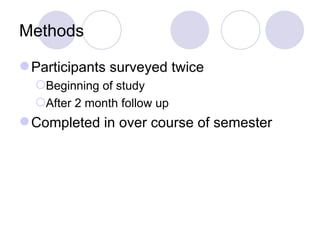 Methods Participants surveyed twice Beginning of study After 2 month follow up Completed in over course of semester 