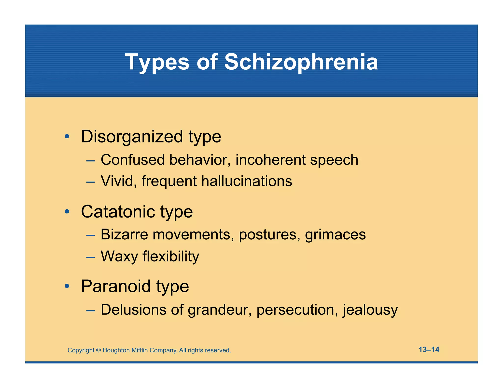 Copyright © Houghton Mifflin Company. All rights reserved. 13–14
Types of Schizophrenia
• Disorganized type
– Confused behavior, incoherent speech
– Vivid, frequent hallucinations
• Catatonic type
– Bizarre movements, postures, grimaces
– Waxy flexibility
• Paranoid type
– Delusions of grandeur, persecution, jealousy
 
