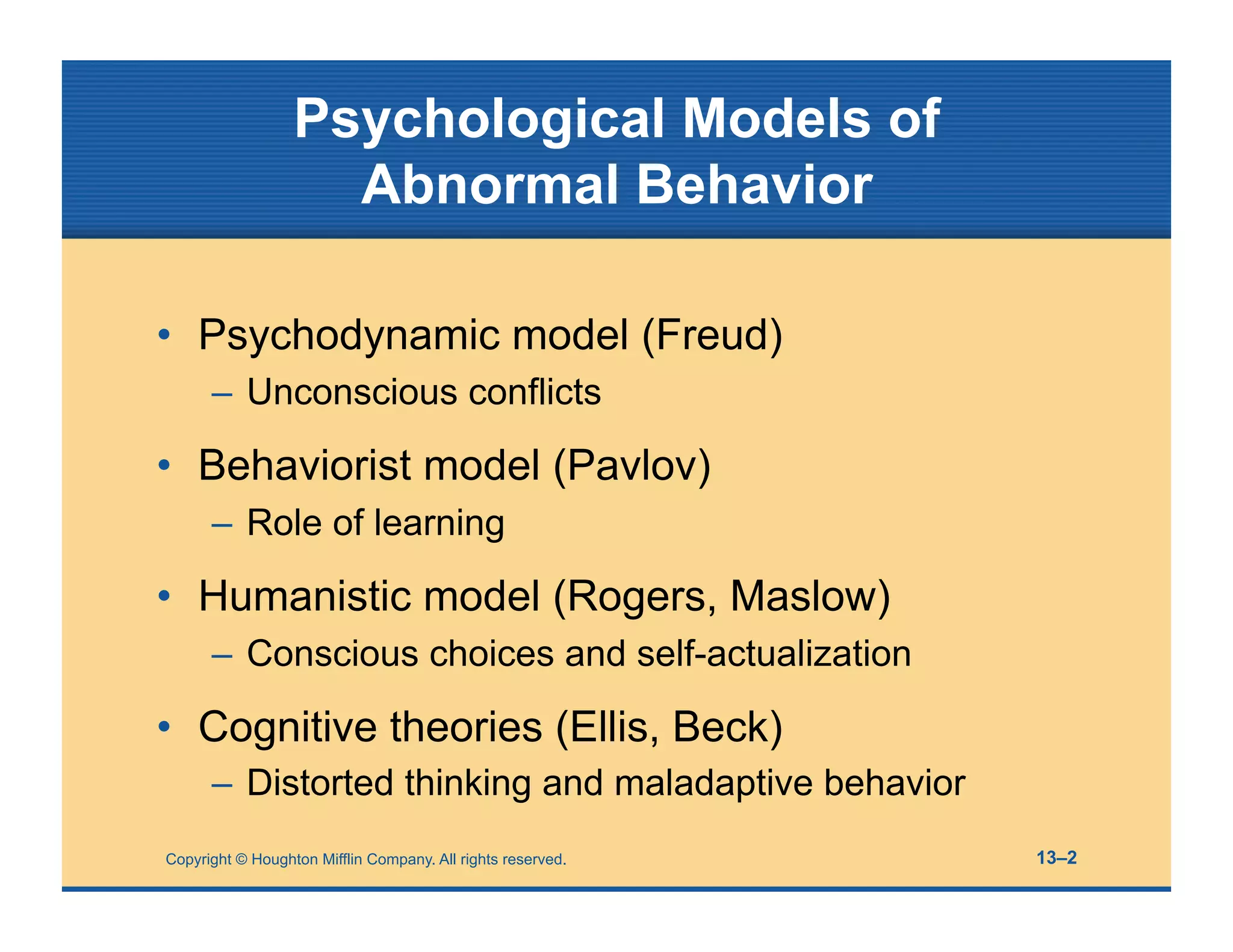 Copyright © Houghton Mifflin Company. All rights reserved. 13–2
Psychological Models of
Abnormal Behavior
• Psychodynamic model (Freud)
– Unconscious conflicts
• Behaviorist model (Pavlov)
– Role of learning
• Humanistic model (Rogers, Maslow)
– Conscious choices and self-actualization
• Cognitive theories (Ellis, Beck)
– Distorted thinking and maladaptive behavior
 