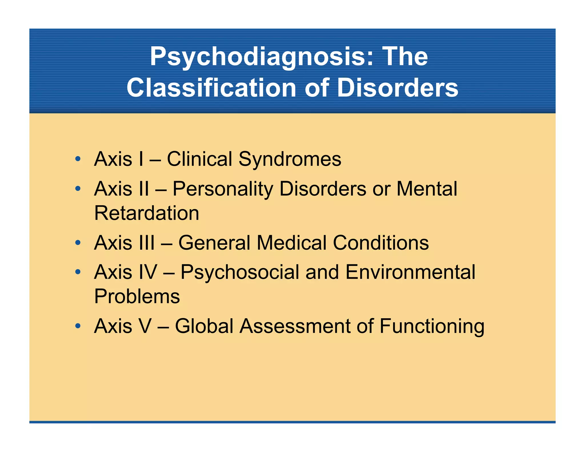 Psychodiagnosis: The
Classification of Disorders
• Axis I – Clinical Syndromes
• Axis II – Personality Disorders or Mental
Retardation
• Axis III – General Medical Conditions
• Axis IV – Psychosocial and Environmental
Problems
• Axis V – Global Assessment of Functioning
 