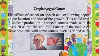 Oropharyngeal Cancer
The effects of cancer on speech and swallowing depend
on the location and size of the growth. This could result
in unclear production of speech sounds made with the
lips such as /p/, /b/, and /m/. Cancer of the tongue can
cause problems with some sounds, such as /l/ and /r/.
 
