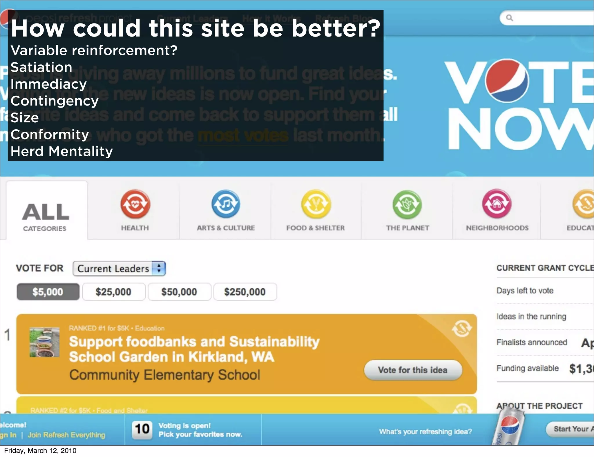 How could this site be better?
 Variable reinforcement?
 Satiation
 Immediacy
 Contingency
 Size
 Conformity
 Herd Mentality




Friday, March 12, 2010
 