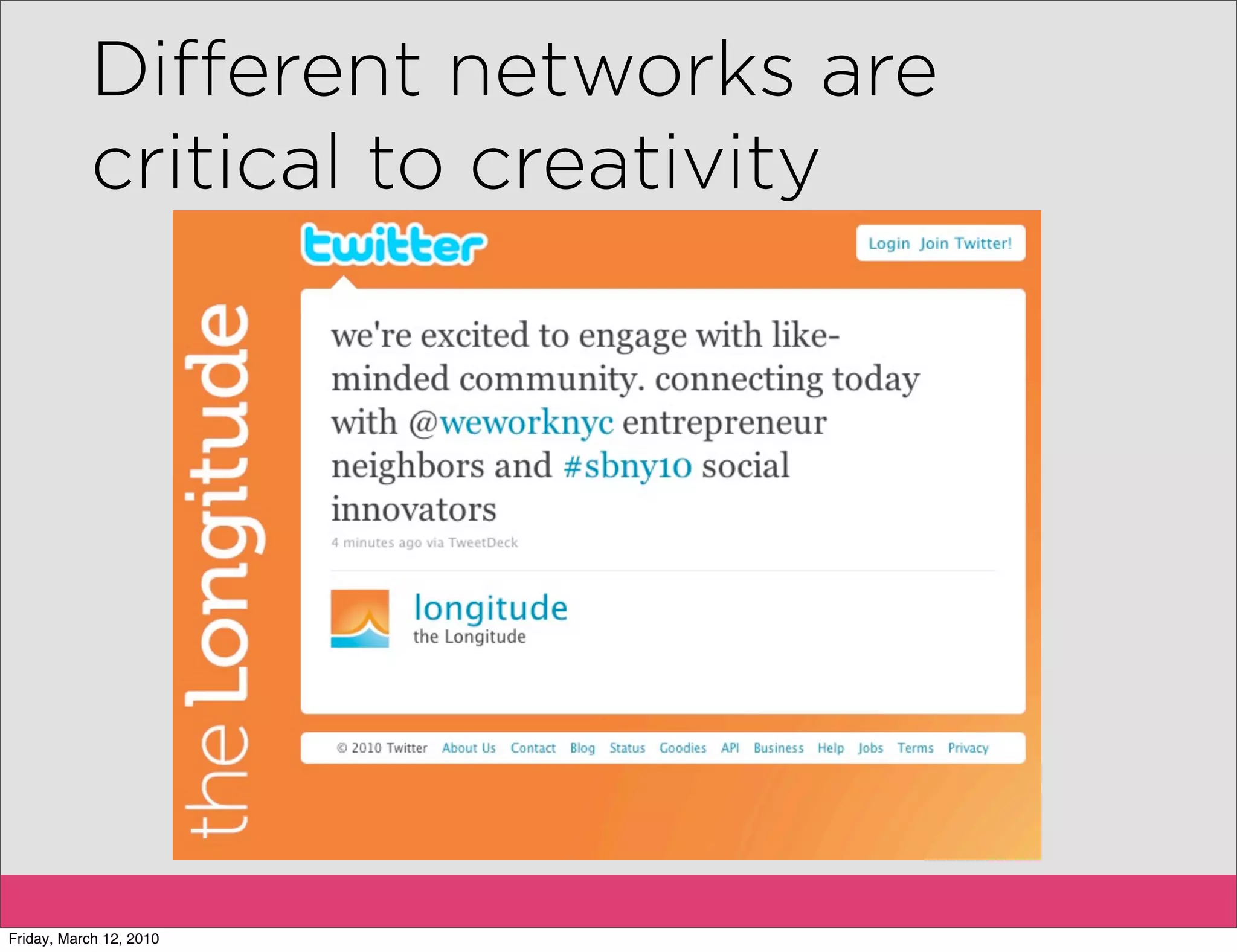 Different networks are
           critical to creativity




Friday, March 12, 2010
 