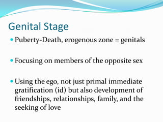 Genital StagePuberty-Death, erogenous zone = genitalsFocusing on members of the opposite sexUsing the ego, not just primal immediate gratification (id) but also development of friendships, relationships, family, and the seeking of love