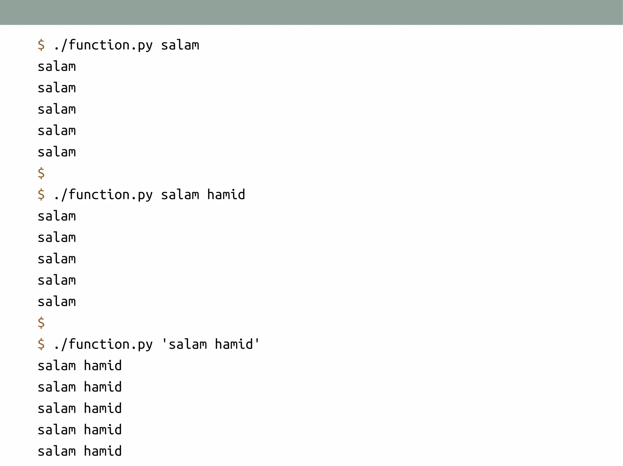 $ ./function.py salam
salam
salam
salam
salam
salam
$
$ ./function.py salam hamid
salam
salam
salam
salam
salam
$
$ ./function.py 'salam hamid'
salam hamid
salam hamid
salam hamid
salam hamid
salam hamid

 