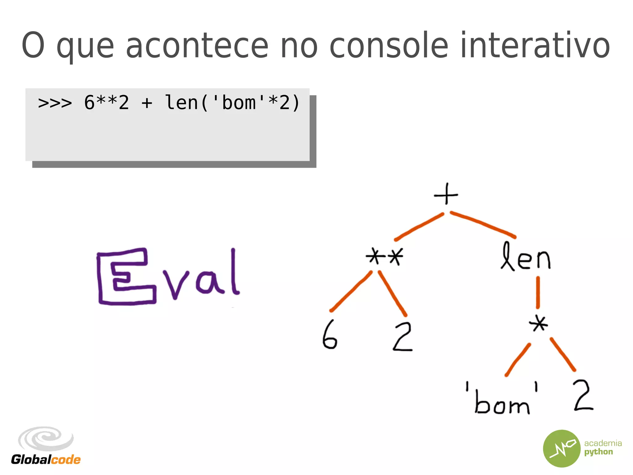 O que acontece no console interativo
>>> 6**2 + len('bom'*2)>>> 6**2 + len('bom'*2)
 