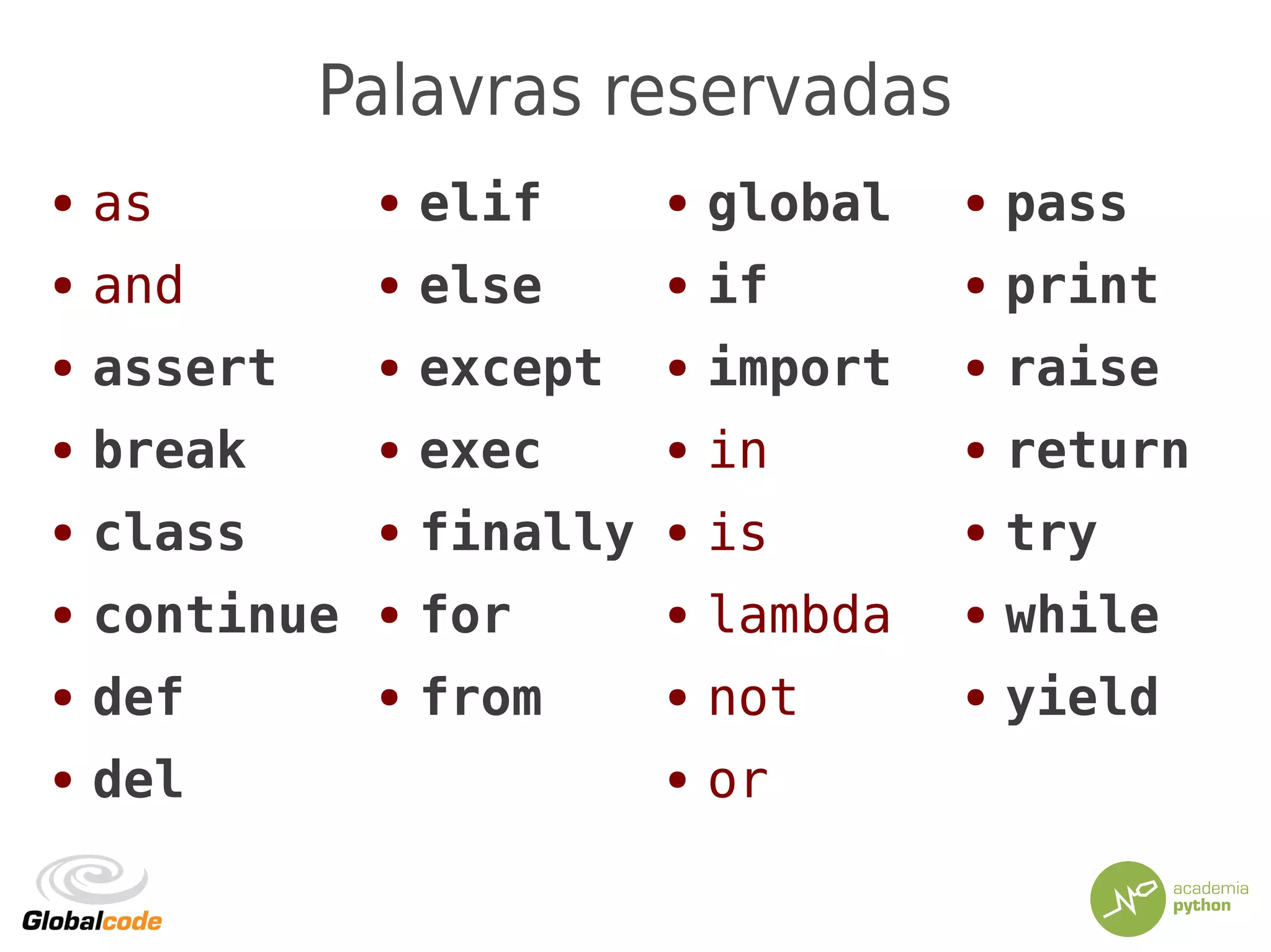 Palavras reservadas
● as
● and
● assert
● break
● class
● continue
● def
● del
● elif
● else
● except
● exec
● finally
● for
● from
● global
● if
● import
● in
● is
● lambda
● not
● or
● pass
● print
● raise
● return
● try
● while
● yield
 