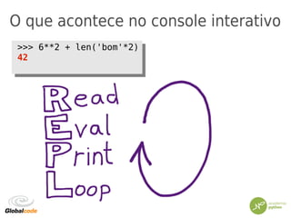 O que acontece no console interativo
>>> 6**2 + len('bom'*2)
42
>>> 6**2 + len('bom'*2)
42
 