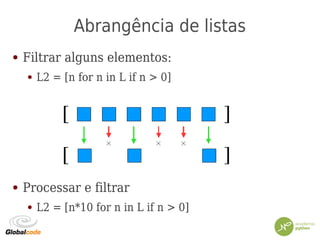 ● Filtrar alguns elementos:
● L2 = [n for n in L if n > 0]
● Processar e filtrar
● L2 = [n*10 for n in L if n > 0]
Abrangência de listas
 