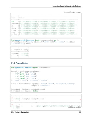 Learning Apache Spark with Python
(continued from previous page)
+-------+-----------------------------------------------------------------+
|word |vector |
+-------+-----------------------------------------------------------------+
|is |[0.13657838106155396,0.060924094170331955,-0.03379475697875023] |
|awesome|[0.037024181336164474,-0.023855900391936302,0.0760037824511528] |
|i |[-0.0014482572441920638,0.049365971237421036,0.12016955763101578]|
|ml |[-0.14006119966506958,0.01626444421708584,0.042281970381736755] |
|spark |[0.1589149385690689,-0.10970081388950348,-0.10547549277544022] |
|think |[0.030011219903826714,-0.08994936943054199,0.16471518576145172] |
|love |[0.01036644633859396,-0.017782460898160934,0.08870164304971695] |
|python |[-0.11402882635593414,0.045119188725948334,-0.029877422377467155]|
+-------+-----------------------------------------------------------------+
from pyspark.sql.functions import format_number as fmt
w2v.findSynonyms("could", 2).select("word", fmt("similarity", 5).alias(
˓
→"similarity")).show()
+-------+----------+
| word|similarity|
+-------+----------+
|classes| 0.90232|
| i| 0.75424|
+-------+----------+
8.1.3 FeatureHasher
from pyspark.ml.feature import FeatureHasher
dataset = spark.createDataFrame([
(2.2, True, "1", "foo"),
(3.3, False, "2", "bar"),
(4.4, False, "3", "baz"),
(5.5, False, "4", "foo")
], ["real", "bool", "stringNum", "string"])
hasher = FeatureHasher(inputCols=["real", "bool", "stringNum", "string"],
outputCol="features")
featurized = hasher.transform(dataset)
featurized.show(truncate=False)
+----+-----+---------+------+-------------------------------------------------
˓
→-------+
|real|bool |stringNum|string|features
˓
→ |
+----+-----+---------+------+-------------------------------------------------
˓
→-------+
|2.2 |true |1 |foo |(262144,[174475,247670,257907,262126],[2.2,1.0,1.
˓
→0,1.0])| (continues on next page)
8.1. Feature Extraction 95
 