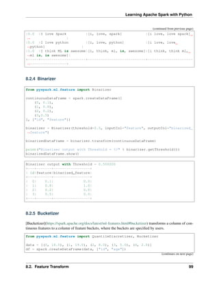 Learning Apache Spark with Python
(continued from previous page)
|0.0 |I love Spark |[i, love, spark] |[i love, love spark]
˓
→ |
|0.0 |I love python |[i, love, python] |[i love, love
˓
→python] |
|1.0 |I think ML is awesome|[i, think, ml, is, awesome]|[i think, think ml,
˓
→ml is, is awesome]|
+-----+---------------------+---------------------------+---------------------
˓
→-----------------+
8.2.4 Binarizer
from pyspark.ml.feature import Binarizer
continuousDataFrame = spark.createDataFrame([
(0, 0.1),
(1, 0.8),
(2, 0.2),
(3,0.5)
], ["id", "feature"])
binarizer = Binarizer(threshold=0.5, inputCol="feature", outputCol="binarized_
˓
→feature")
binarizedDataFrame = binarizer.transform(continuousDataFrame)
print("Binarizer output with Threshold = %f" % binarizer.getThreshold())
binarizedDataFrame.show()
Binarizer output with Threshold = 0.500000
+---+-------+-----------------+
| id|feature|binarized_feature|
+---+-------+-----------------+
| 0| 0.1| 0.0|
| 1| 0.8| 1.0|
| 2| 0.2| 0.0|
| 3| 0.5| 0.0|
+---+-------+-----------------+
8.2.5 Bucketizer
[Bucketizer](https://spark.apache.org/docs/latest/ml-features.html#bucketizer) transforms a column of con-
tinuous features to a column of feature buckets, where the buckets are specified by users.
from pyspark.ml.feature import QuantileDiscretizer, Bucketizer
data = [(0, 18.0), (1, 19.0), (2, 8.0), (3, 5.0), (4, 2.0)]
df = spark.createDataFrame(data, ["id", "age"])
(continues on next page)
8.2. Feature Transform 99
 
