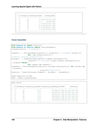 Learning Apache Spark with Python
+---+--------+-------------+-------------+
| id|category|categoryIndex| categoryVec|
+---+--------+-------------+-------------+
| 0| a| 0.0|(2,[0],[1.0])|
| 1| b| 2.0| (2,[],[])|
| 2| c| 1.0|(2,[1],[1.0])|
| 3| a| 0.0|(2,[0],[1.0])|
| 4| a| 0.0|(2,[0],[1.0])|
| 5| c| 1.0|(2,[1],[1.0])|
+---+--------+-------------+-------------+
Vector Assembler
from pyspark.ml import Pipeline
from pyspark.ml.feature import VectorAssembler
categoricalCols = ['category']
indexers = [ StringIndexer(inputCol=c, outputCol="{0}_indexed".format(c))
for c in categoricalCols ]
# default setting: dropLast=True
encoders = [ OneHotEncoder(inputCol=indexer.getOutputCol(),
outputCol="{0}_encoded".format(indexer.getOutputCol()),
˓
→dropLast=False)
for indexer in indexers ]
assembler = VectorAssembler(inputCols=[encoder.getOutputCol() for encoder in
˓
→encoders]
, outputCol="features")
pipeline = Pipeline(stages=indexers + encoders + [assembler])
model=pipeline.fit(df)
data = model.transform(df)
data.show()
+---+--------+----------------+------------------------+-------------+
| id|category|category_indexed|category_indexed_encoded| features|
+---+--------+----------------+------------------------+-------------+
| 0| a| 0.0| (3,[0],[1.0])|[1.0,0.0,0.0]|
| 1| b| 2.0| (3,[2],[1.0])|[0.0,0.0,1.0]|
| 2| c| 1.0| (3,[1],[1.0])|[0.0,1.0,0.0]|
| 3| a| 0.0| (3,[0],[1.0])|[1.0,0.0,0.0]|
| 4| a| 0.0| (3,[0],[1.0])|[1.0,0.0,0.0]|
| 5| c| 1.0| (3,[1],[1.0])|[0.0,1.0,0.0]|
+---+--------+----------------+------------------------+-------------+
108 Chapter 8. Data Manipulation: Features
 