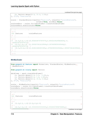 Learning Apache Spark with Python
(continued from previous page)
(2, Vectors.dense([4.0, 10.0, 2.0]),)
], ["id", "features"])
scaler = StandardScaler(inputCol="features", outputCol="scaledFeatures",
withStd=True, withMean=False)
scaleredData = scaler.fit((dataFrame)).transform(dataFrame)
scaleredData.show(truncate=False)
+---+--------------+----------------------------------------------------------
˓
→--+
|id |features |scaledFeatures
˓
→ |
+---+--------------+----------------------------------------------------------
˓
→--+
|0 |[1.0,0.5,-1.0]|[0.6546536707079772,0.09352195295828244,-0.
˓
→6546536707079771]|
|1 |[2.0,1.0,1.0] |[1.3093073414159544,0.1870439059165649,0.
˓
→6546536707079771] |
|2 |[4.0,10.0,2.0]|[2.618614682831909,1.870439059165649,1.3093073414159542]
˓
→ |
+---+--------------+----------------------------------------------------------
˓
→--+
MinMaxScaler
from pyspark.ml.feature import Normalizer, StandardScaler, MinMaxScaler,
˓
→MaxAbsScaler
from pyspark.ml.linalg import Vectors
dataFrame = spark.createDataFrame([
(0, Vectors.dense([1.0, 0.5, -1.0]),),
(1, Vectors.dense([2.0, 1.0, 1.0]),),
(2, Vectors.dense([4.0, 10.0, 2.0]),)
], ["id", "features"])
scaler = MinMaxScaler(inputCol="features", outputCol="scaledFeatures")
scaledData = scaler.fit((dataFrame)).transform(dataFrame)
scaledData.show(truncate=False)
+---+--------------+----------------------------------------------------------
˓
→-+
|id |features |scaledFeatures
˓
→ |
+---+--------------+----------------------------------------------------------
˓
→-+
|0 |[1.0,0.5,-1.0]|[0.0,0.0,0.0]
˓
→ |
|1 |[2.0,1.0,1.0] |[0.3333333333333333,0.05263157894736842,0.
˓
→6666666666666666]| (continues on next page)
114 Chapter 8. Data Manipulation: Features
 