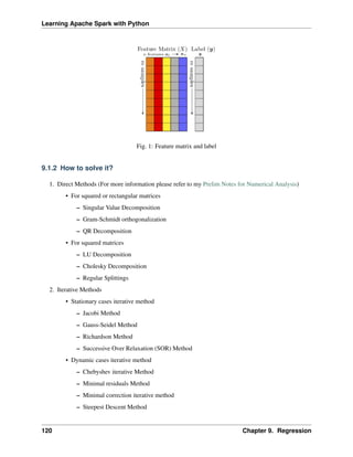 Learning Apache Spark with Python
Fig. 1: Feature matrix and label
9.1.2 How to solve it?
1. Direct Methods (For more information please refer to my Prelim Notes for Numerical Analysis)
• For squared or rectangular matrices
– Singular Value Decomposition
– Gram-Schmidt orthogonalization
– QR Decomposition
• For squared matrices
– LU Decomposition
– Cholesky Decomposition
– Regular Splittings
2. Iterative Methods
• Stationary cases iterative method
– Jacobi Method
– Gauss-Seidel Method
– Richardson Method
– Successive Over Relaxation (SOR) Method
• Dynamic cases iterative method
– Chebyshev iterative Method
– Minimal residuals Method
– Minimal correction iterative method
– Steepest Descent Method
120 Chapter 9. Regression
 