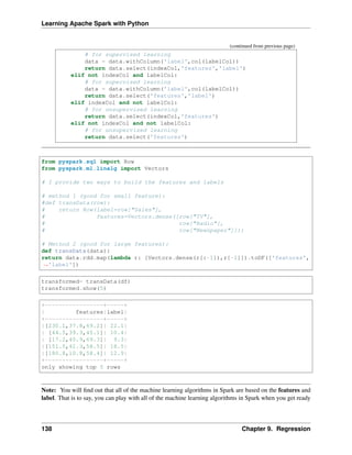 Learning Apache Spark with Python
(continued from previous page)
# for supervised learning
data = data.withColumn('label',col(labelCol))
return data.select(indexCol,'features','label')
elif not indexCol and labelCol:
# for supervised learning
data = data.withColumn('label',col(labelCol))
return data.select('features','label')
elif indexCol and not labelCol:
# for unsupervised learning
return data.select(indexCol,'features')
elif not indexCol and not labelCol:
# for unsupervised learning
return data.select('features')
from pyspark.sql import Row
from pyspark.ml.linalg import Vectors
# I provide two ways to build the features and labels
# method 1 (good for small feature):
#def transData(row):
# return Row(label=row["Sales"],
# features=Vectors.dense([row["TV"],
# row["Radio"],
# row["Newspaper"]]))
# Method 2 (good for large features):
def transData(data):
return data.rdd.map(lambda r: [Vectors.dense(r[:-1]),r[-1]]).toDF(['features',
˓
→'label'])
transformed= transData(df)
transformed.show(5)
+-----------------+-----+
| features|label|
+-----------------+-----+
|[230.1,37.8,69.2]| 22.1|
| [44.5,39.3,45.1]| 10.4|
| [17.2,45.9,69.3]| 9.3|
|[151.5,41.3,58.5]| 18.5|
|[180.8,10.8,58.4]| 12.9|
+-----------------+-----+
only showing top 5 rows
Note: You will find out that all of the machine learning algorithms in Spark are based on the features and
label. That is to say, you can play with all of the machine learning algorithms in Spark when you get ready
138 Chapter 9. Regression
 
