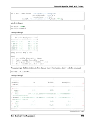 Learning Apache Spark with Python
df = spark.read.format('com.databricks.spark.csv').
options(header='true', 
inferschema='true').
load("../data/Advertising.csv",header=True);
check the data set
df.show(5,True)
df.printSchema()
Then you will get
+-----+-----+---------+-----+
| TV|Radio|Newspaper|Sales|
+-----+-----+---------+-----+
|230.1| 37.8| 69.2| 22.1|
| 44.5| 39.3| 45.1| 10.4|
| 17.2| 45.9| 69.3| 9.3|
|151.5| 41.3| 58.5| 18.5|
|180.8| 10.8| 58.4| 12.9|
+-----+-----+---------+-----+
only showing top 5 rows
root
|-- TV: double (nullable = true)
|-- Radio: double (nullable = true)
|-- Newspaper: double (nullable = true)
|-- Sales: double (nullable = true)
You can also get the Statistical resutls from the data frame (Unfortunately, it only works for numerical).
df.describe().show()
Then you will get
+-------+-----------------+------------------+------------------+-------------
˓
→-----+
|summary| TV| Radio| Newspaper|
˓
→Sales|
+-------+-----------------+------------------+------------------+-------------
˓
→-----+
| count| 200| 200| 200|
˓
→ 200|
| mean| 147.0425|23.264000000000024|30.553999999999995|14.
˓
→022500000000003|
| stddev|85.85423631490805|14.846809176168728| 21.77862083852283| 5.
˓
→217456565710477|
| min| 0.7| 0.0| 0.3|
˓
→ 1.6|
| max| 296.4| 49.6| 114.0|
˓
→ 27.0|
+-------+-----------------+------------------+------------------+-------------
˓
→-----+ (continues on next page)
9.3. Decision tree Regression 143
 