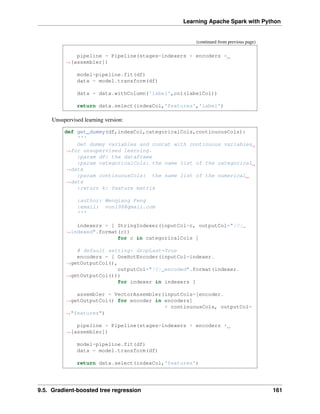 Learning Apache Spark with Python
(continued from previous page)
pipeline = Pipeline(stages=indexers + encoders +
˓
→[assembler])
model=pipeline.fit(df)
data = model.transform(df)
data = data.withColumn('label',col(labelCol))
return data.select(indexCol,'features','label')
Unsupervised learning version:
def get_dummy(df,indexCol,categoricalCols,continuousCols):
'''
Get dummy variables and concat with continuous variables
˓
→for unsupervised learning.
:param df: the dataframe
:param categoricalCols: the name list of the categorical
˓
→data
:param continuousCols: the name list of the numerical
˓
→data
:return k: feature matrix
:author: Wenqiang Feng
:email: von198@gmail.com
'''
indexers = [ StringIndexer(inputCol=c, outputCol="{0}_
˓
→indexed".format(c))
for c in categoricalCols ]
# default setting: dropLast=True
encoders = [ OneHotEncoder(inputCol=indexer.
˓
→getOutputCol(),
outputCol="{0}_encoded".format(indexer.
˓
→getOutputCol()))
for indexer in indexers ]
assembler = VectorAssembler(inputCols=[encoder.
˓
→getOutputCol() for encoder in encoders]
+ continuousCols, outputCol=
˓
→"features")
pipeline = Pipeline(stages=indexers + encoders +
˓
→[assembler])
model=pipeline.fit(df)
data = model.transform(df)
return data.select(indexCol,'features')
9.5. Gradient-boosted tree regression 161
 