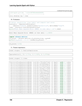 Learning Apache Spark with Python
(continued from previous page)
|[19.6,20.1,17.0]| 7.6|6.8678921062629295|
+----------------+-----+------------------+
only showing top 5 rows
10. Evaluation
# Select (prediction, true label) and compute test error
evaluator = RegressionEvaluator(
labelCol="label", predictionCol="prediction", metricName="rmse")
rmse = evaluator.evaluate(predictions)
print("Root Mean Squared Error (RMSE) on test data = %g" % rmse)
Root Mean Squared Error (RMSE) on test data = 1.36939
import sklearn.metrics
r2_score = sklearn.metrics.r2_score(y_true, y_pred)
print('r2_score: {:4.3f}'.format(r2_score))
r2_score: 0.932
11. Feature importances
model.stages[-1].featureImportances
SparseVector(3, {0: 0.3716, 1: 0.3525, 2: 0.2759})
model.stages[-1].trees
[DecisionTreeRegressionModel (uid=dtr_7f5cd2ef7cb6) of depth 5 with 61 nodes,
DecisionTreeRegressionModel (uid=dtr_ef3ab6baeac9) of depth 5 with 39 nodes,
DecisionTreeRegressionModel (uid=dtr_07c6e3cf3819) of depth 5 with 45 nodes,
DecisionTreeRegressionModel (uid=dtr_ce724af79a2b) of depth 5 with 47 nodes,
DecisionTreeRegressionModel (uid=dtr_d149ecc71658) of depth 5 with 55 nodes,
DecisionTreeRegressionModel (uid=dtr_d3a79bdea516) of depth 5 with 43 nodes,
DecisionTreeRegressionModel (uid=dtr_7abc1a337844) of depth 5 with 51 nodes,
DecisionTreeRegressionModel (uid=dtr_480834b46d8f) of depth 5 with 33 nodes,
DecisionTreeRegressionModel (uid=dtr_0cbd1eaa3874) of depth 5 with 39 nodes,
DecisionTreeRegressionModel (uid=dtr_8088ac71a204) of depth 5 with 57 nodes,
DecisionTreeRegressionModel (uid=dtr_2ceb9e8deb45) of depth 5 with 47 nodes,
DecisionTreeRegressionModel (uid=dtr_cc334e84e9a2) of depth 5 with 57 nodes,
DecisionTreeRegressionModel (uid=dtr_a665c562929e) of depth 5 with 41 nodes,
DecisionTreeRegressionModel (uid=dtr_2999b1ffd2dc) of depth 5 with 45 nodes,
DecisionTreeRegressionModel (uid=dtr_29965cbe8cfc) of depth 5 with 55 nodes,
DecisionTreeRegressionModel (uid=dtr_731df51bf0ad) of depth 5 with 41 nodes,
DecisionTreeRegressionModel (uid=dtr_354cf33424da) of depth 5 with 51 nodes,
DecisionTreeRegressionModel (uid=dtr_4230f200b1c0) of depth 5 with 41 nodes,
DecisionTreeRegressionModel (uid=dtr_3279cdc1ce1d) of depth 5 with 45 nodes,
DecisionTreeRegressionModel (uid=dtr_f474a99ff06e) of depth 5 with 55 nodes]
166 Chapter 9. Regression
 