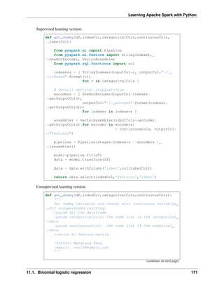 Learning Apache Spark with Python
Supervised learning version:
def get_dummy(df,indexCol,categoricalCols,continuousCols,
˓
→labelCol):
from pyspark.ml import Pipeline
from pyspark.ml.feature import StringIndexer,
˓
→OneHotEncoder, VectorAssembler
from pyspark.sql.functions import col
indexers = [ StringIndexer(inputCol=c, outputCol="{0}_
˓
→indexed".format(c))
for c in categoricalCols ]
# default setting: dropLast=True
encoders = [ OneHotEncoder(inputCol=indexer.
˓
→getOutputCol(),
outputCol="{0}_encoded".format(indexer.
˓
→getOutputCol()))
for indexer in indexers ]
assembler = VectorAssembler(inputCols=[encoder.
˓
→getOutputCol() for encoder in encoders]
+ continuousCols, outputCol=
˓
→"features")
pipeline = Pipeline(stages=indexers + encoders +
˓
→[assembler])
model=pipeline.fit(df)
data = model.transform(df)
data = data.withColumn('label',col(labelCol))
return data.select(indexCol,'features','label')
Unsupervised learning version:
def get_dummy(df,indexCol,categoricalCols,continuousCols):
'''
Get dummy variables and concat with continuous variables
˓
→for unsupervised learning.
:param df: the dataframe
:param categoricalCols: the name list of the categorical
˓
→data
:param continuousCols: the name list of the numerical
˓
→data
:return k: feature matrix
:author: Wenqiang Feng
:email: von198@gmail.com
'''
(continues on next page)
11.1. Binomial logistic regression 171
 