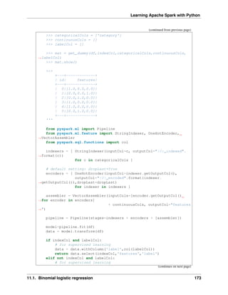 Learning Apache Spark with Python
(continued from previous page)
>>> categoricalCols = ['category']
>>> continuousCols = []
>>> labelCol = []
>>> mat = get_dummy(df,indexCol,categoricalCols,continuousCols,
˓
→labelCol)
>>> mat.show()
>>>
+---+-------------+
| id| features|
+---+-------------+
| 0|[1.0,0.0,0.0]|
| 1|[0.0,0.0,1.0]|
| 2|[0.0,1.0,0.0]|
| 3|[1.0,0.0,0.0]|
| 4|[1.0,0.0,0.0]|
| 5|[0.0,1.0,0.0]|
+---+-------------+
'''
from pyspark.ml import Pipeline
from pyspark.ml.feature import StringIndexer, OneHotEncoder,
˓
→VectorAssembler
from pyspark.sql.functions import col
indexers = [ StringIndexer(inputCol=c, outputCol="{0}_indexed".
˓
→format(c))
for c in categoricalCols ]
# default setting: dropLast=True
encoders = [ OneHotEncoder(inputCol=indexer.getOutputCol(),
outputCol="{0}_encoded".format(indexer.
˓
→getOutputCol()),dropLast=dropLast)
for indexer in indexers ]
assembler = VectorAssembler(inputCols=[encoder.getOutputCol()
˓
→for encoder in encoders]
+ continuousCols, outputCol="features
˓
→")
pipeline = Pipeline(stages=indexers + encoders + [assembler])
model=pipeline.fit(df)
data = model.transform(df)
if indexCol and labelCol:
# for supervised learning
data = data.withColumn('label',col(labelCol))
return data.select(indexCol,'features','label')
elif not indexCol and labelCol:
# for supervised learning
(continues on next page)
11.1. Binomial logistic regression 173
 