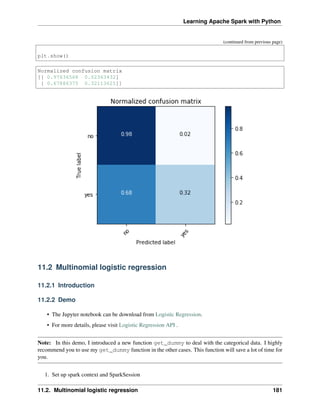 Learning Apache Spark with Python
(continued from previous page)
plt.show()
Normalized confusion matrix
[[ 0.97636568 0.02363432]
[ 0.67886375 0.32113625]]
11.2 Multinomial logistic regression
11.2.1 Introduction
11.2.2 Demo
• The Jupyter notebook can be download from Logistic Regression.
• For more details, please visit Logistic Regression API .
Note: In this demo, I introduced a new function get_dummy to deal with the categorical data. I highly
recommend you to use my get_dummy function in the other cases. This function will save a lot of time for
you.
1. Set up spark context and SparkSession
11.2. Multinomial logistic regression 181
 