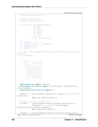 Learning Apache Spark with Python
(continued from previous page)
:return: feature matrix
:author: Wenqiang Feng
:email: von198@gmail.com
>>> df = spark.createDataFrame([
(0, "a"),
(1, "b"),
(2, "c"),
(3, "a"),
(4, "a"),
(5, "c")
], ["id", "category"])
>>> indexCol = 'id'
>>> categoricalCols = ['category']
>>> continuousCols = []
>>> labelCol = []
>>> mat = get_dummy(df,indexCol,categoricalCols,continuousCols,
˓
→labelCol)
>>> mat.show()
>>>
+---+-------------+
| id| features|
+---+-------------+
| 0|[1.0,0.0,0.0]|
| 1|[0.0,0.0,1.0]|
| 2|[0.0,1.0,0.0]|
| 3|[1.0,0.0,0.0]|
| 4|[1.0,0.0,0.0]|
| 5|[0.0,1.0,0.0]|
+---+-------------+
'''
from pyspark.ml import Pipeline
from pyspark.ml.feature import StringIndexer, OneHotEncoder,
˓
→VectorAssembler
from pyspark.sql.functions import col
indexers = [ StringIndexer(inputCol=c, outputCol="{0}_indexed".
˓
→format(c))
for c in categoricalCols ]
# default setting: dropLast=True
encoders = [ OneHotEncoder(inputCol=indexer.getOutputCol(),
outputCol="{0}_encoded".format(indexer.
˓
→getOutputCol()),dropLast=dropLast)
for indexer in indexers ]
assembler = VectorAssembler(inputCols=[encoder.getOutputCol()
˓
→for encoder in encoders] (continues on next page)
186 Chapter 11. Classification
 
