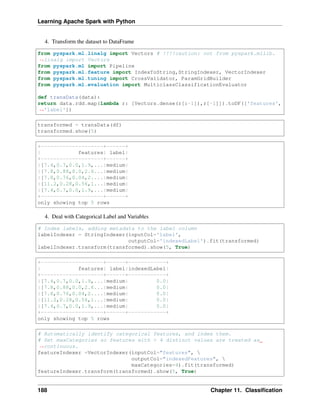 Learning Apache Spark with Python
4. Transform the dataset to DataFrame
from pyspark.ml.linalg import Vectors # !!!!caution: not from pyspark.mllib.
˓
→linalg import Vectors
from pyspark.ml import Pipeline
from pyspark.ml.feature import IndexToString,StringIndexer, VectorIndexer
from pyspark.ml.tuning import CrossValidator, ParamGridBuilder
from pyspark.ml.evaluation import MulticlassClassificationEvaluator
def transData(data):
return data.rdd.map(lambda r: [Vectors.dense(r[:-1]),r[-1]]).toDF(['features',
˓
→'label'])
transformed = transData(df)
transformed.show(5)
+--------------------+------+
| features| label|
+--------------------+------+
|[7.4,0.7,0.0,1.9,...|medium|
|[7.8,0.88,0.0,2.6...|medium|
|[7.8,0.76,0.04,2....|medium|
|[11.2,0.28,0.56,1...|medium|
|[7.4,0.7,0.0,1.9,...|medium|
+--------------------+------+
only showing top 5 rows
4. Deal with Categorical Label and Variables
# Index labels, adding metadata to the label column
labelIndexer = StringIndexer(inputCol='label',
outputCol='indexedLabel').fit(transformed)
labelIndexer.transform(transformed).show(5, True)
+--------------------+------+------------+
| features| label|indexedLabel|
+--------------------+------+------------+
|[7.4,0.7,0.0,1.9,...|medium| 0.0|
|[7.8,0.88,0.0,2.6...|medium| 0.0|
|[7.8,0.76,0.04,2....|medium| 0.0|
|[11.2,0.28,0.56,1...|medium| 0.0|
|[7.4,0.7,0.0,1.9,...|medium| 0.0|
+--------------------+------+------------+
only showing top 5 rows
# Automatically identify categorical features, and index them.
# Set maxCategories so features with > 4 distinct values are treated as
˓
→continuous.
featureIndexer =VectorIndexer(inputCol="features", 
outputCol="indexedFeatures", 
maxCategories=4).fit(transformed)
featureIndexer.transform(transformed).show(5, True)
188 Chapter 11. Classification
 